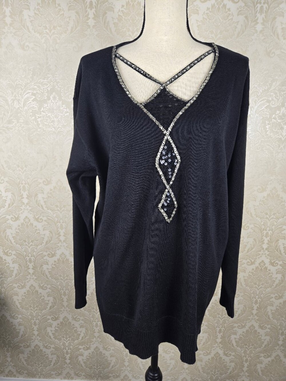 Bob Mackie Wearable Art Size XL Black Sweater Beaded Sequin Cutout Embellished